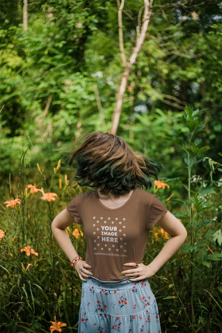 Woman Wearing Brown T-shirt Mockup Front View Template