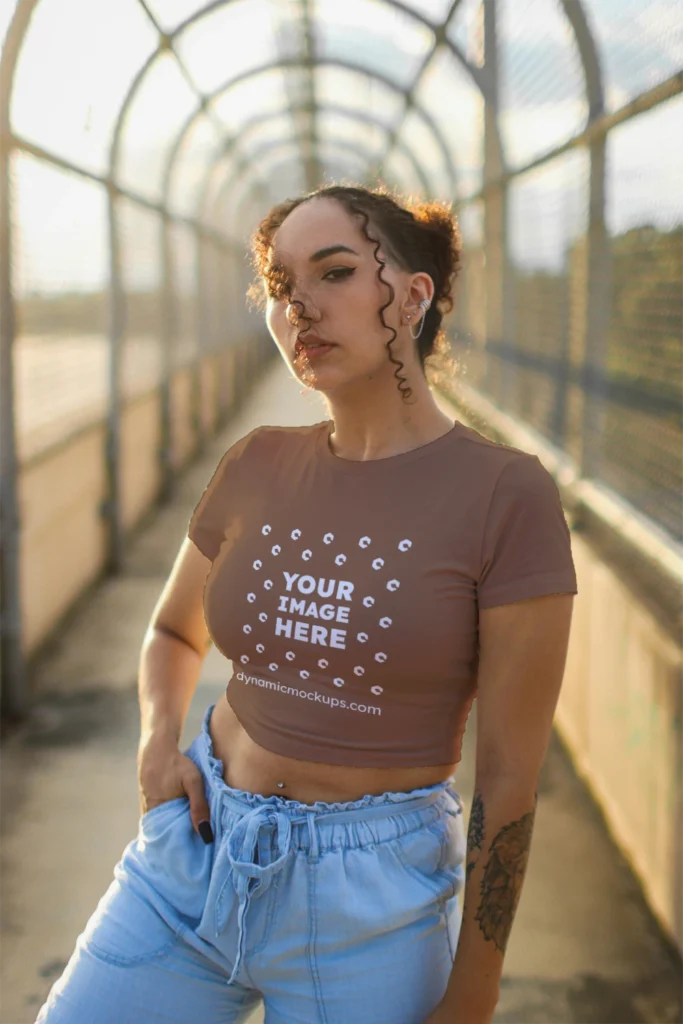 Woman Wearing Brown T-shirt Mockup Front View Template