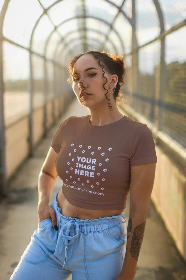 Woman Wearing Brown T-shirt Mockup Front View Template