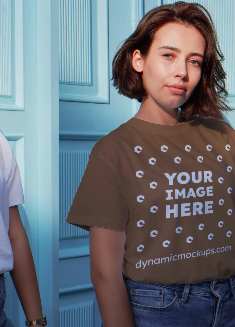Woman Wearing Brown T-shirt Mockup Front View Template