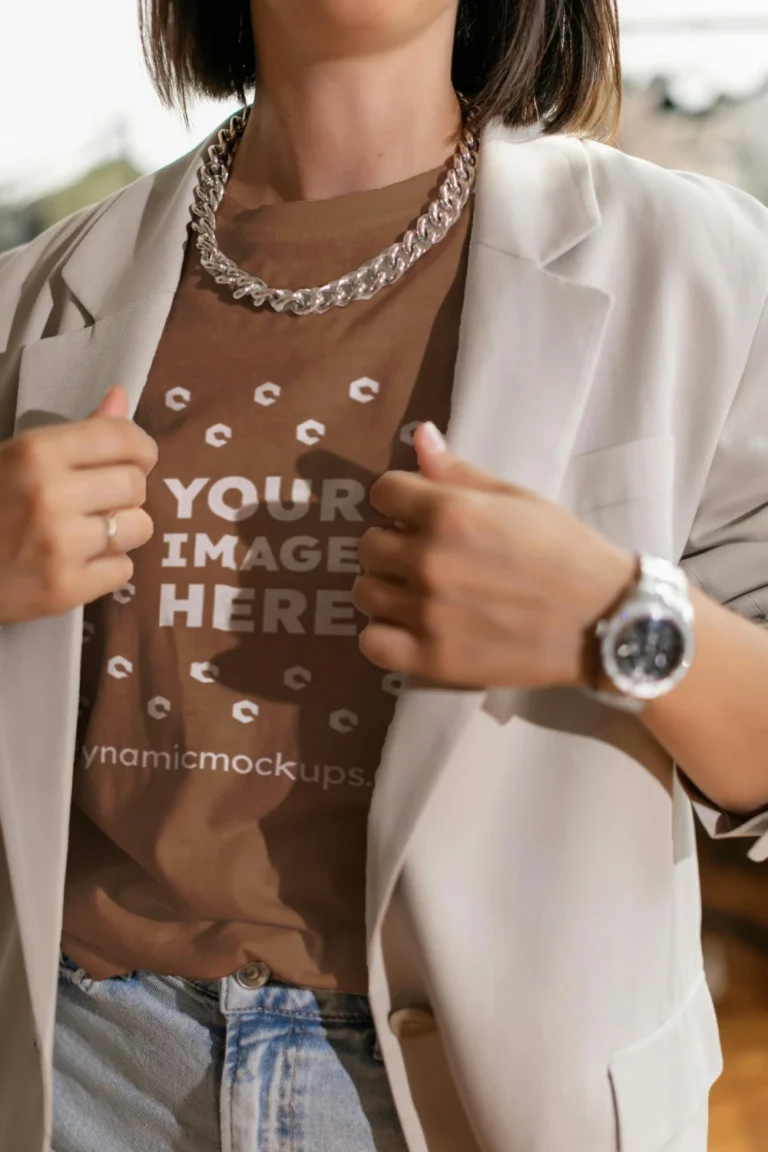 Woman Wearing Brown T-shirt Mockup Front View Template