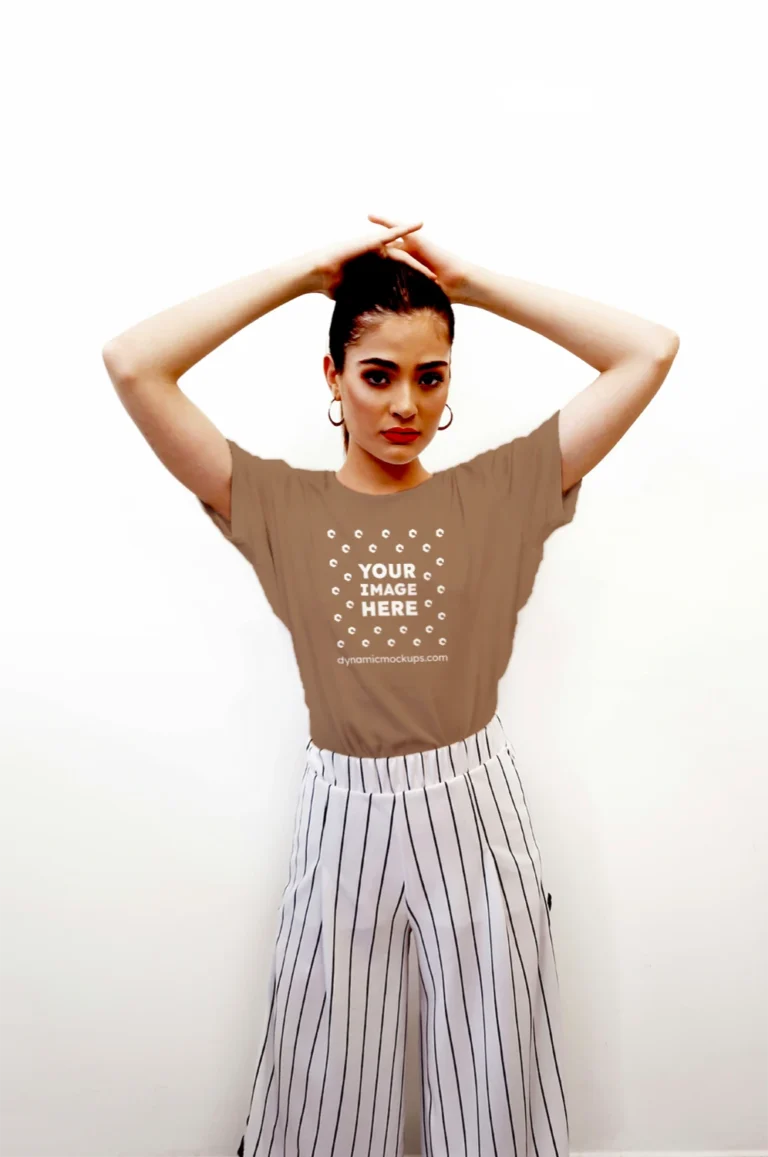 Woman Wearing Brown T-shirt Mockup Front View Template