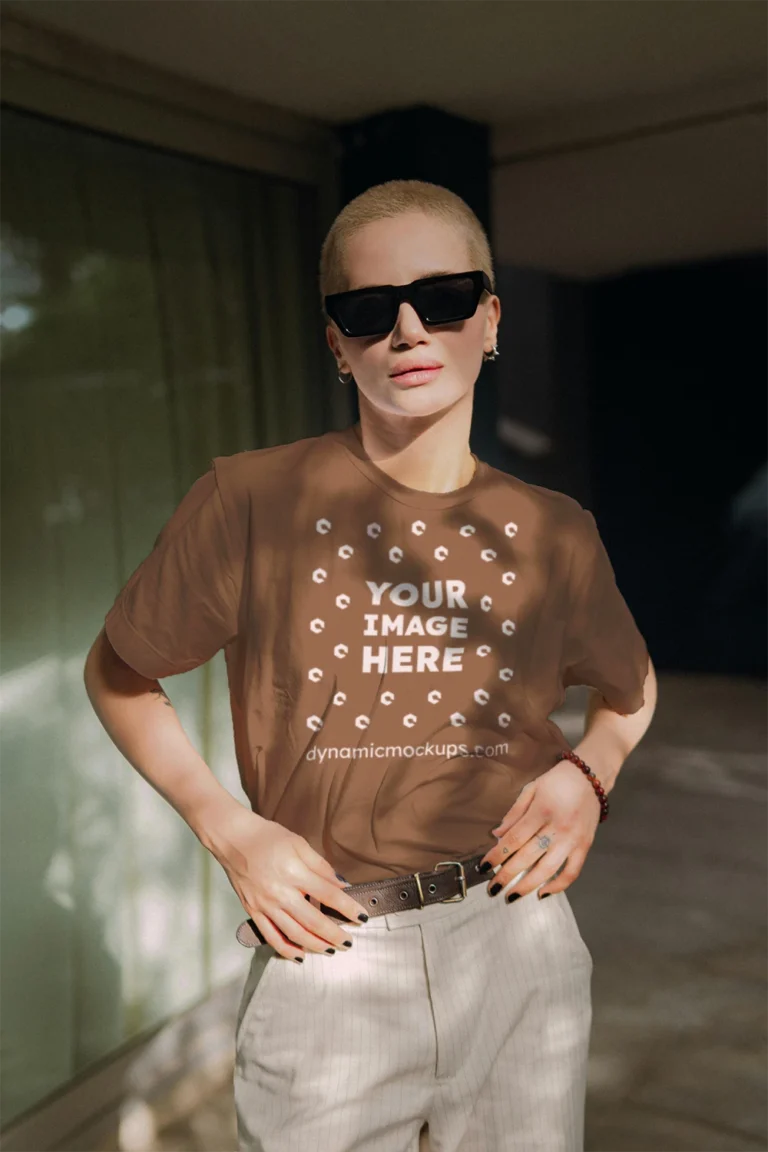 Woman Wearing Brown T-shirt Mockup Front View Template