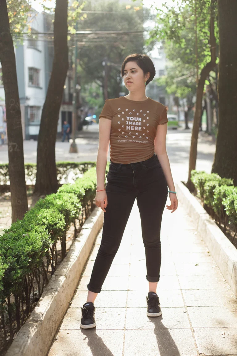 Woman Wearing Brown T-shirt Mockup Front View Template