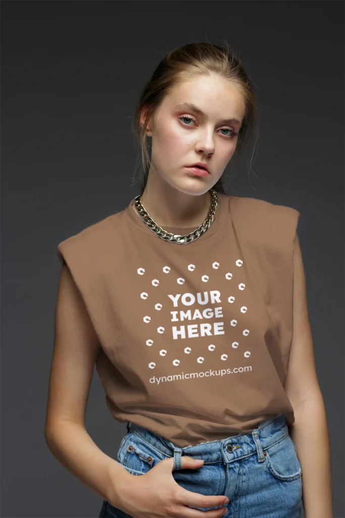 Woman Wearing Brown T-shirt Mockup Front View Template