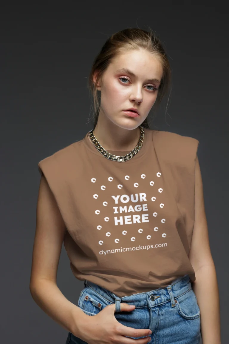 Woman Wearing Brown T-shirt Mockup Front View Template