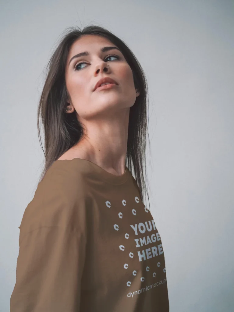 Woman Wearing Brown T-shirt Mockup Front View Template