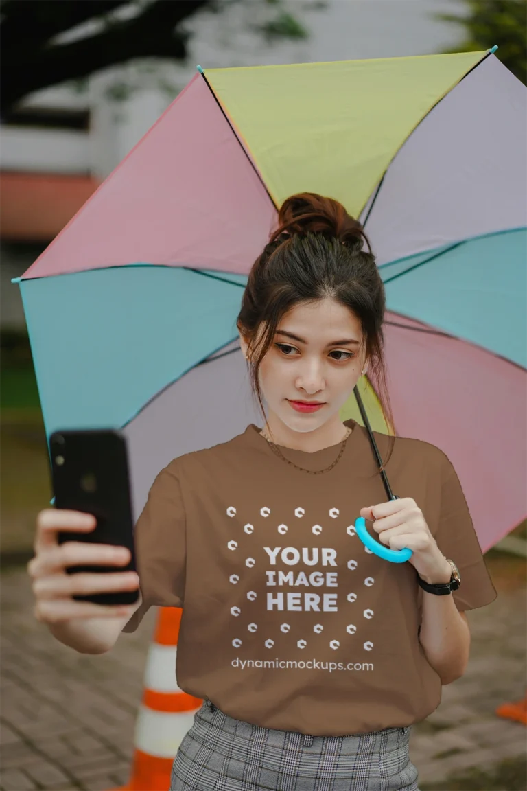Woman Wearing Brown T-shirt Mockup Front View Template