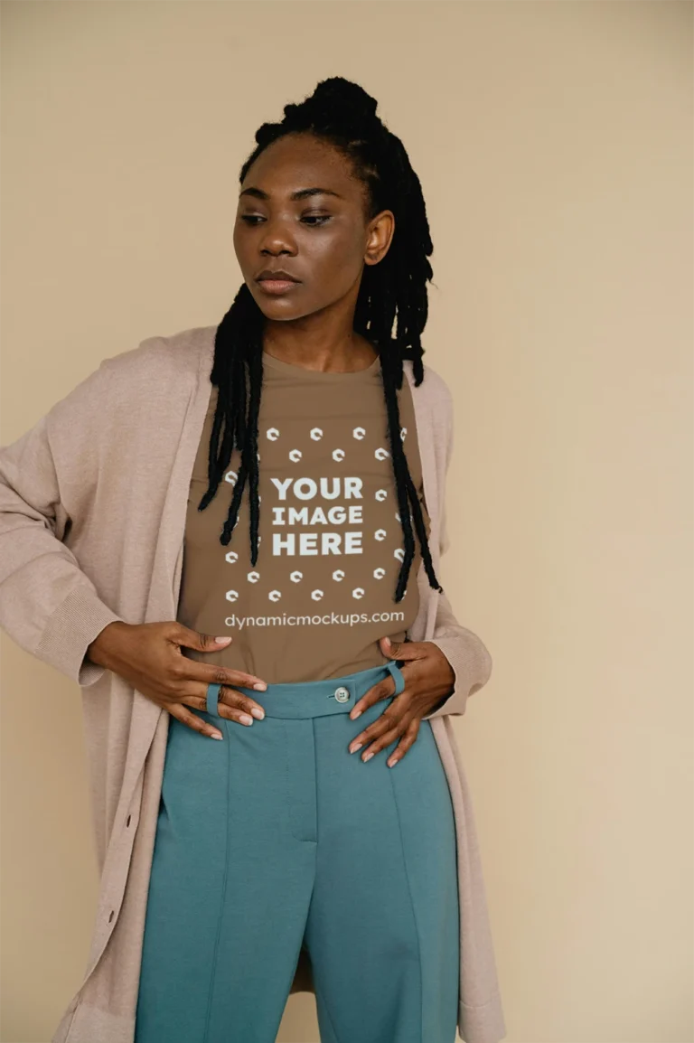 Woman Wearing Brown T-shirt Mockup Front View Template