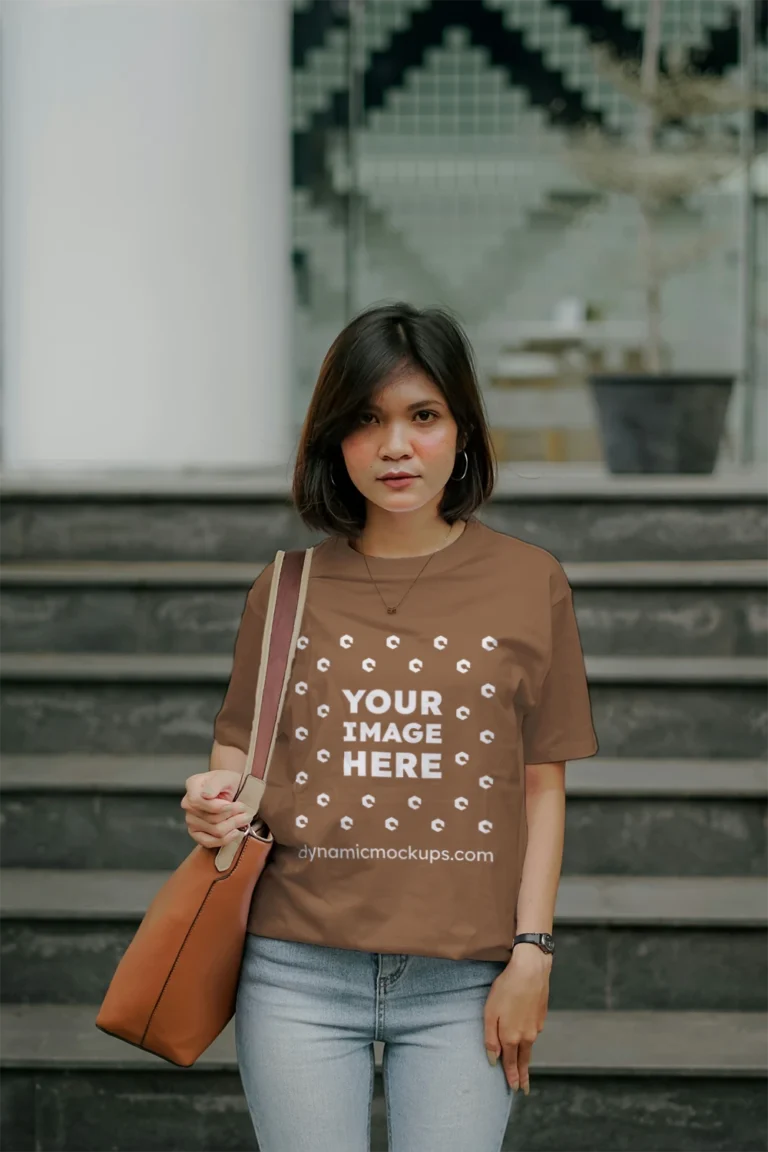 Woman Wearing Brown T-shirt Mockup Front View Template