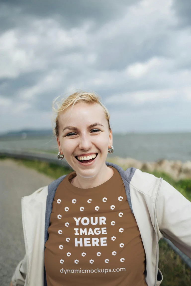 Woman Wearing Brown T-shirt Mockup Front View Template