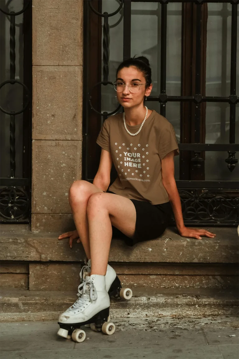 Woman Wearing Brown T-shirt Mockup Front View Template