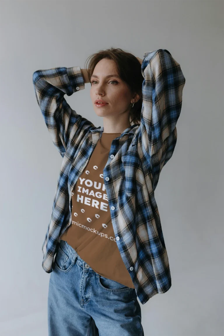 Woman Wearing Brown T-shirt Mockup Front View Template