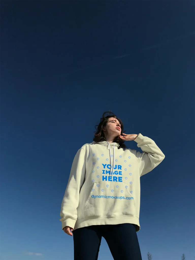 Woman Wearing Cream Hoodie Mockup Front View Template