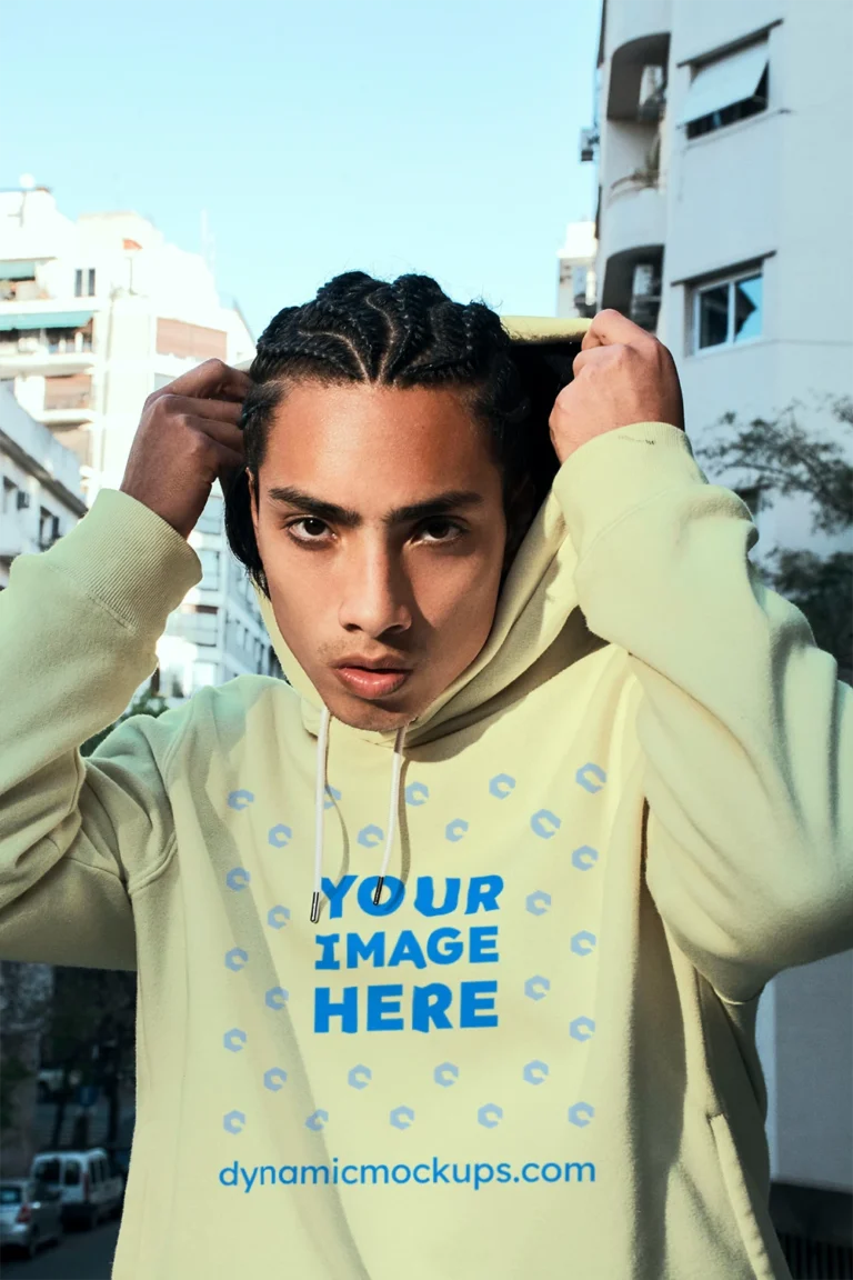Woman Wearing Cream Hoodie Mockup Front View Template