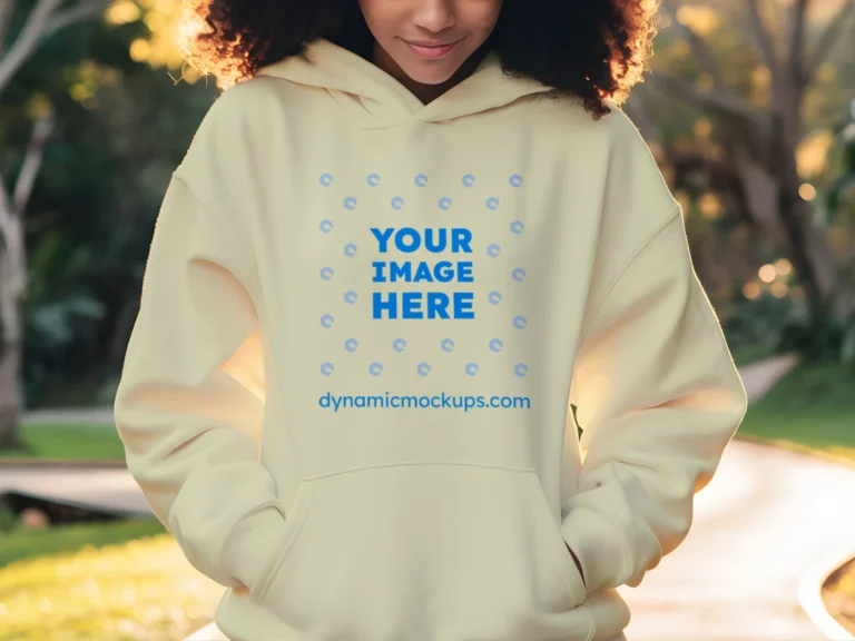Woman Wearing Cream Hoodie Mockup Front View Template