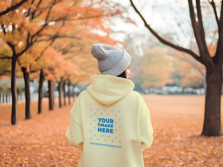 Woman Wearing Cream Hoodie Mockup Back View Template