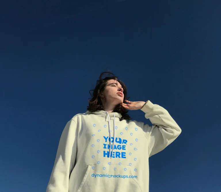 Woman Wearing Cream Hoodie Mockup Front View Template