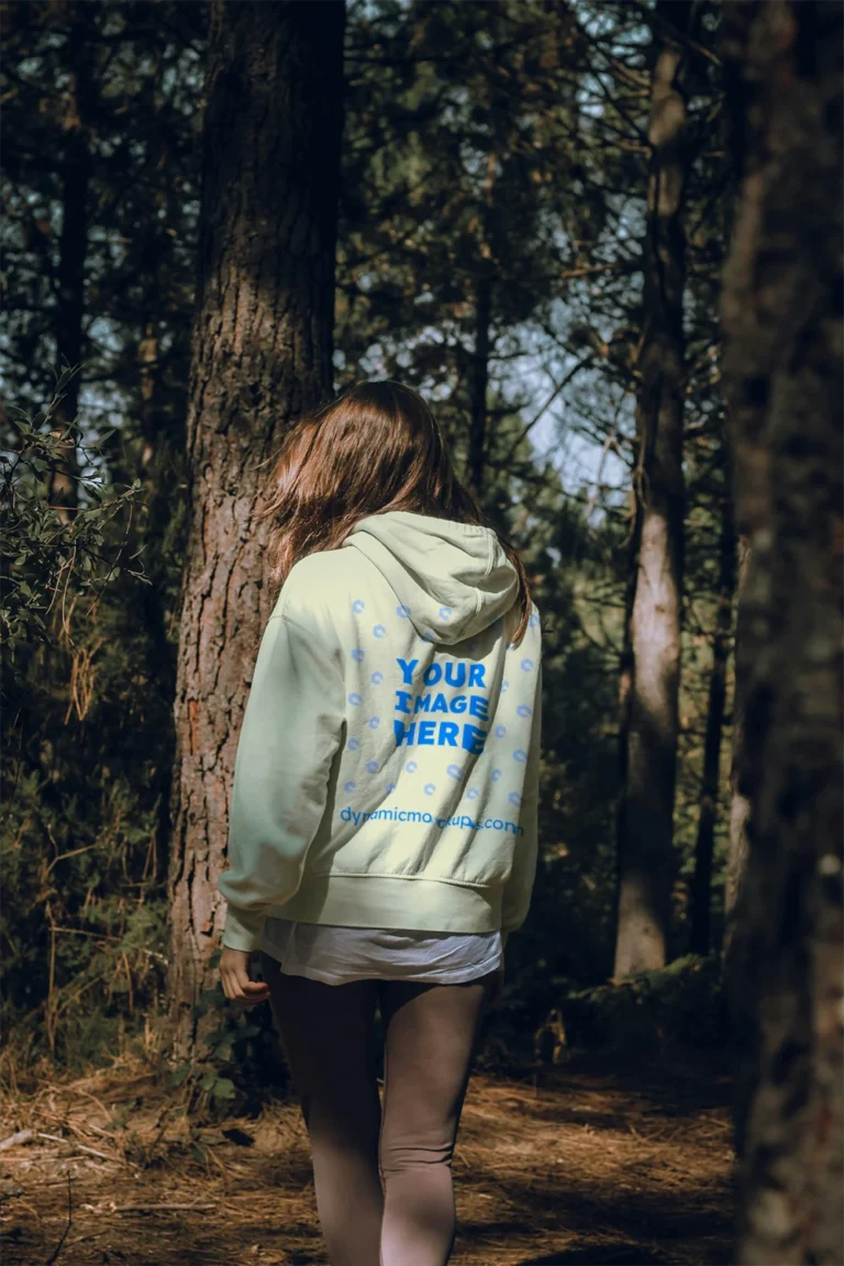 Woman Wearing Cream Hoodie Mockup Back View Template