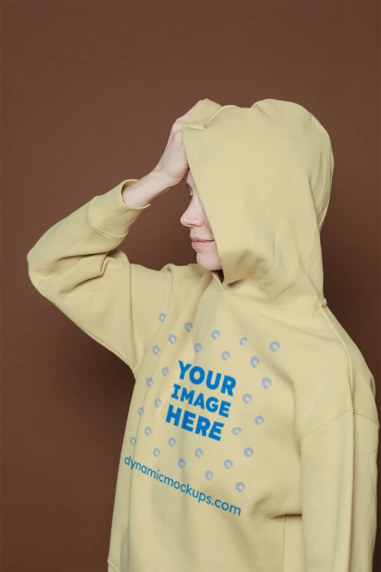 Woman Wearing Cream Hoodie Mockup Front View Template