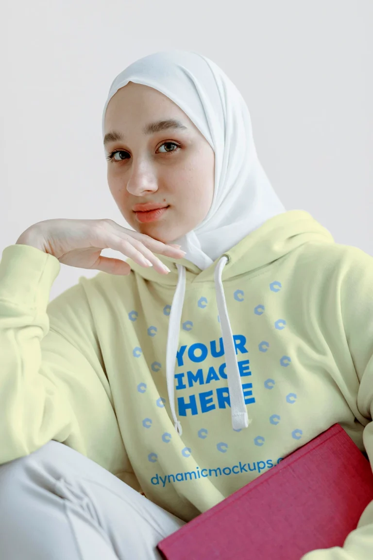 Woman Wearing Cream Hoodie Mockup Front View Template