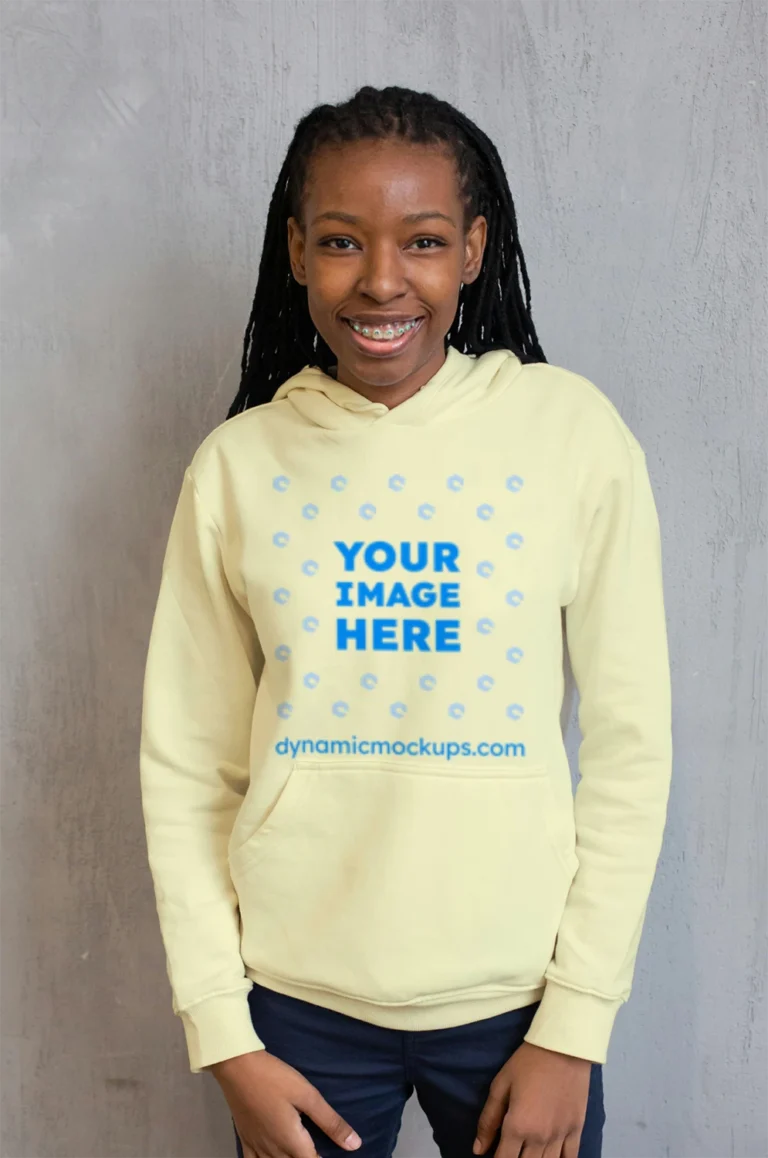 Woman Wearing Cream Hoodie Mockup Front View Template