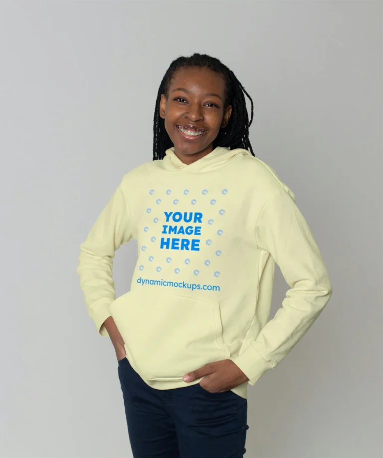 Woman Wearing Cream Hoodie Mockup Front View Template