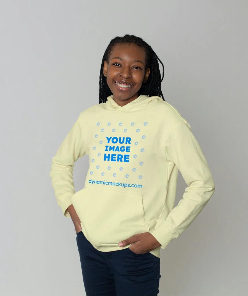 Woman Wearing Cream Hoodie Mockup Front View Template