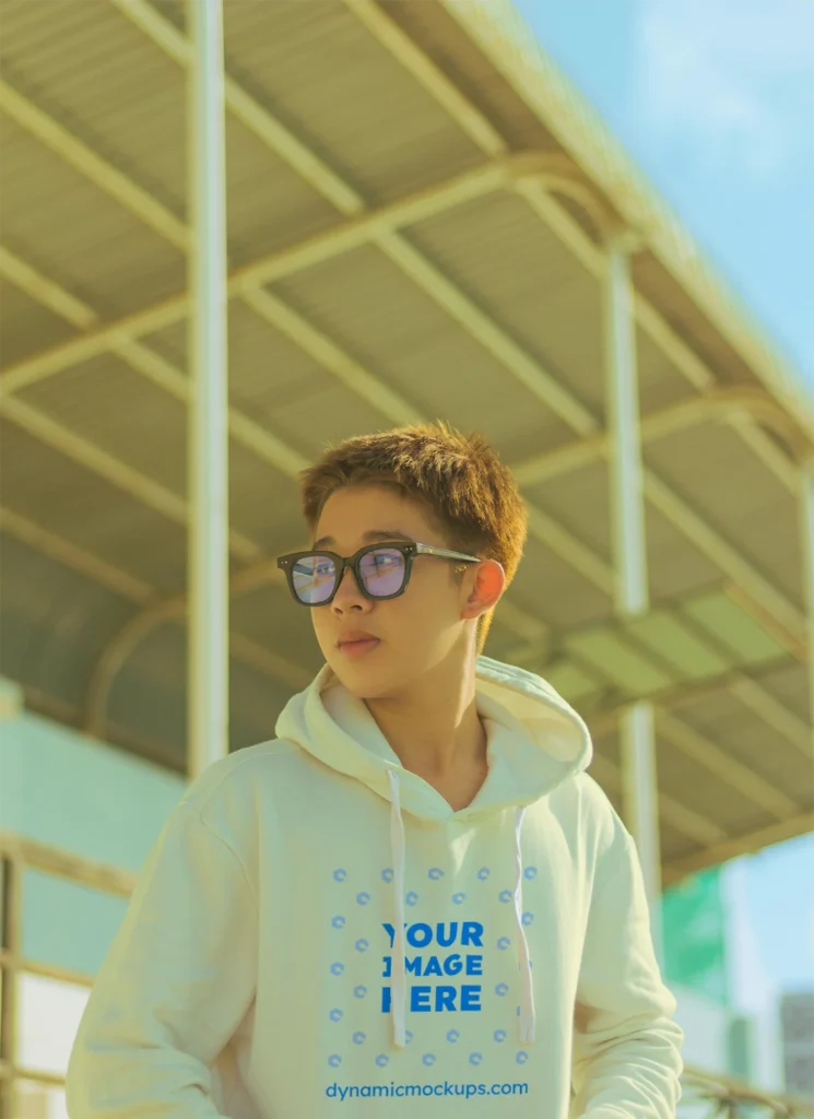 Woman Wearing Cream Hoodie Mockup Front View Template