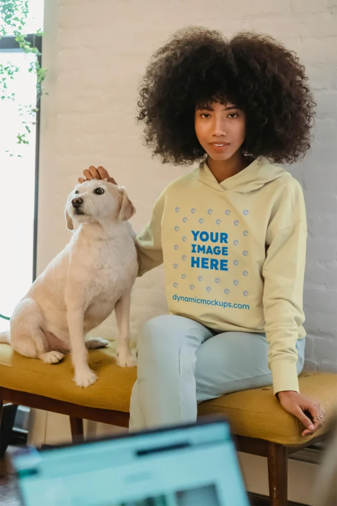 Woman Wearing Cream Hoodie Mockup Front View Template