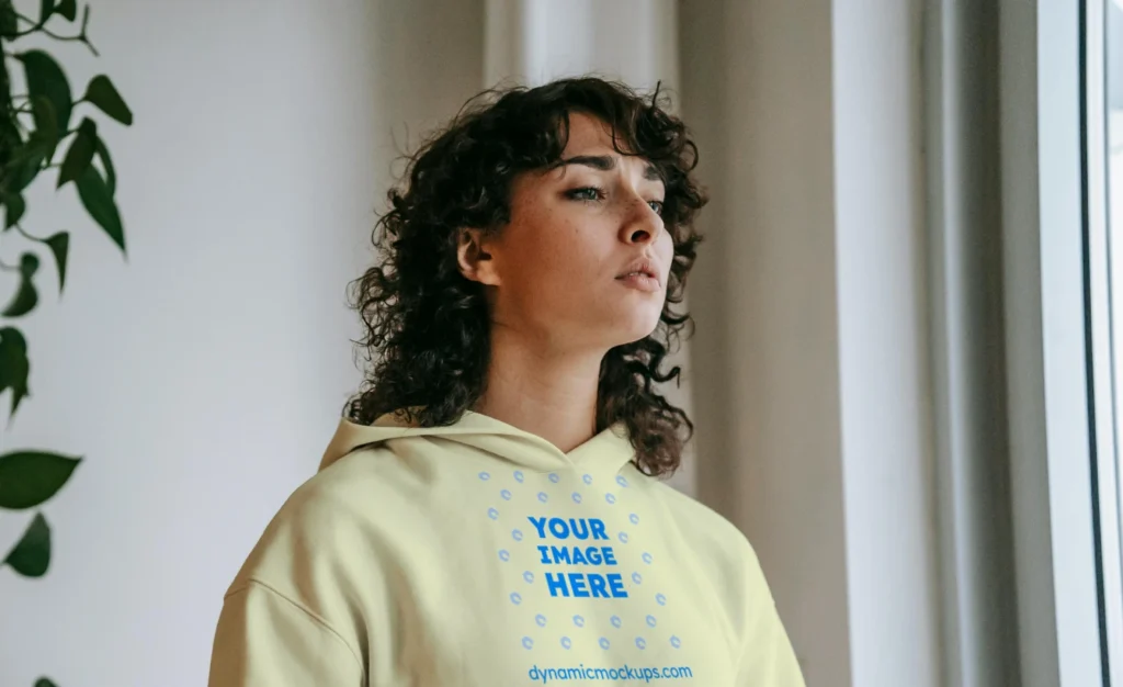 Woman Wearing Cream Hoodie Mockup Front View Template