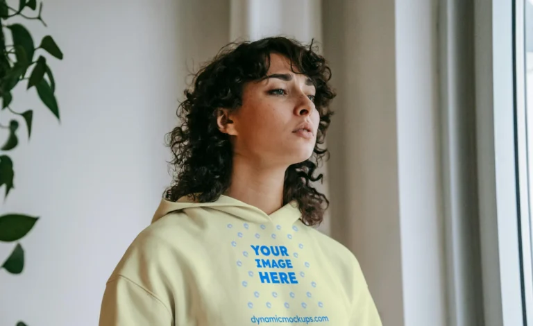 Woman Wearing Cream Hoodie Mockup Front View Template