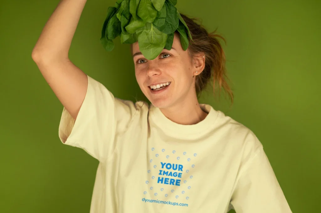 Woman Wearing Cream T-shirt Mockup Front View Template