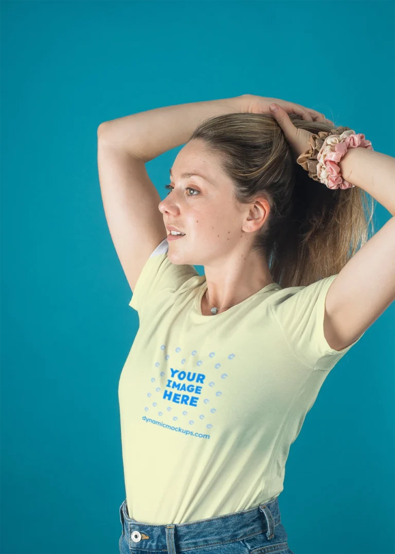 Woman Wearing Cream T-shirt Mockup Front View Template