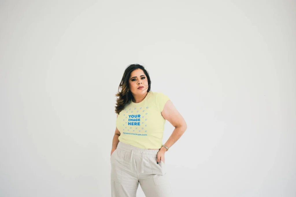 Woman Wearing Cream T-shirt Mockup Front View Template