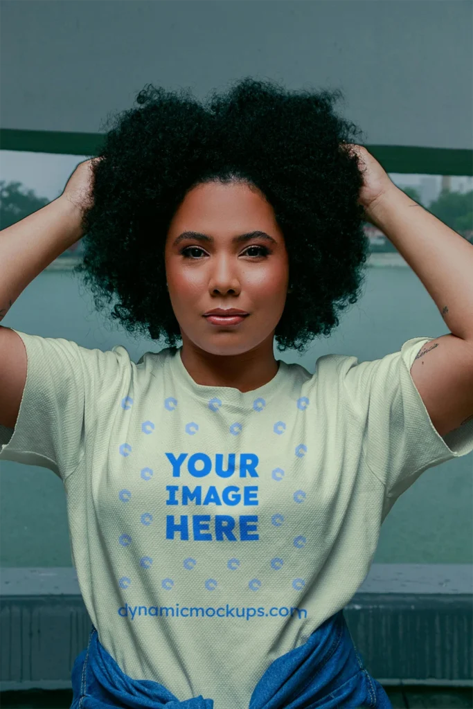 Woman Wearing Cream T-shirt Mockup Front View Template