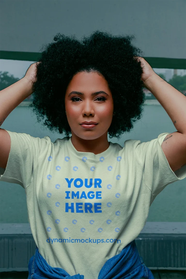 Woman Wearing Cream T-shirt Mockup Front View Template