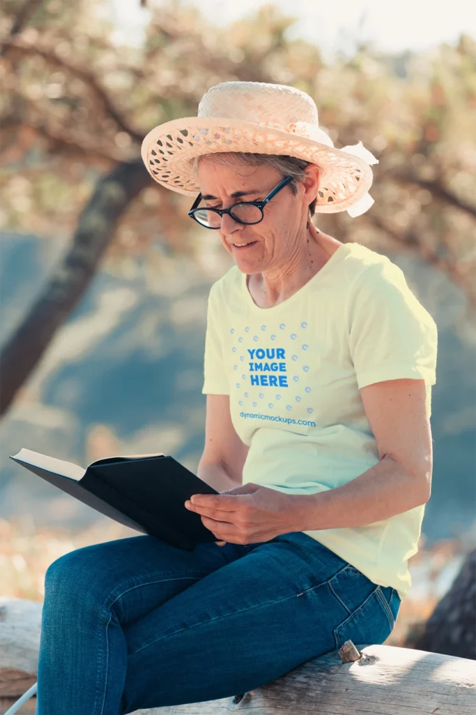 Woman Wearing Cream T-shirt Mockup Front View Template