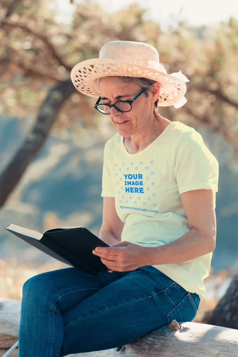 Woman Wearing Cream T-shirt Mockup Front View Template
