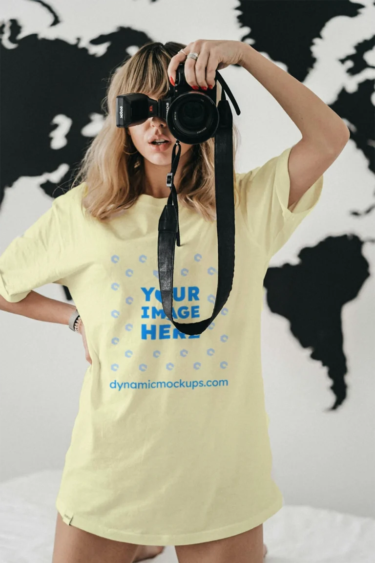Woman Wearing Cream T-shirt Mockup Front View Template