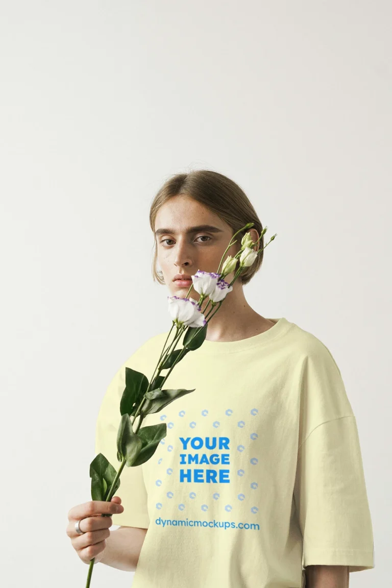 Woman Wearing Cream T-shirt Mockup Front View Template