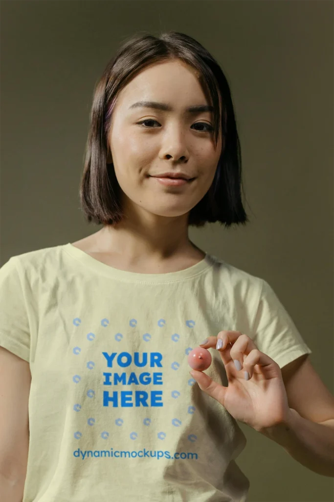 Woman Wearing Cream T-shirt Mockup Front View Template