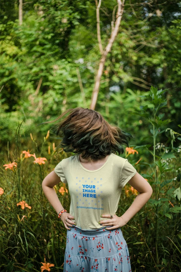 Woman Wearing Cream T-shirt Mockup Front View Template