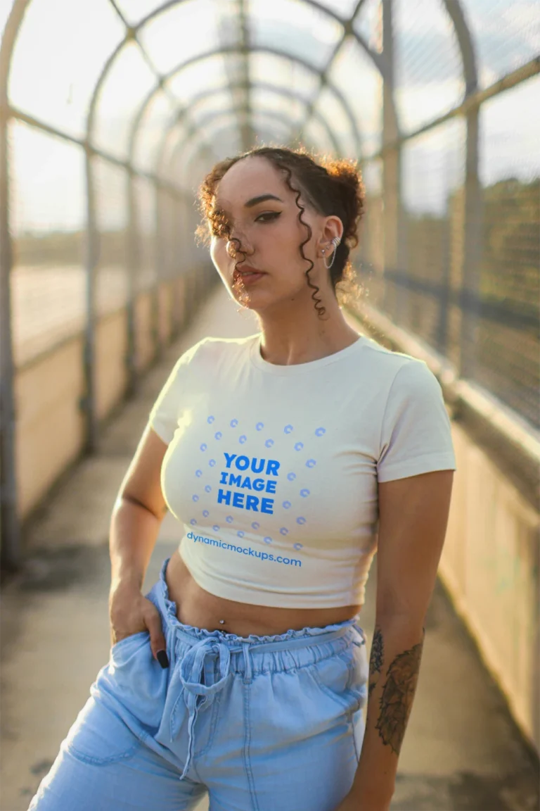 Woman Wearing Cream T-shirt Mockup Front View Template