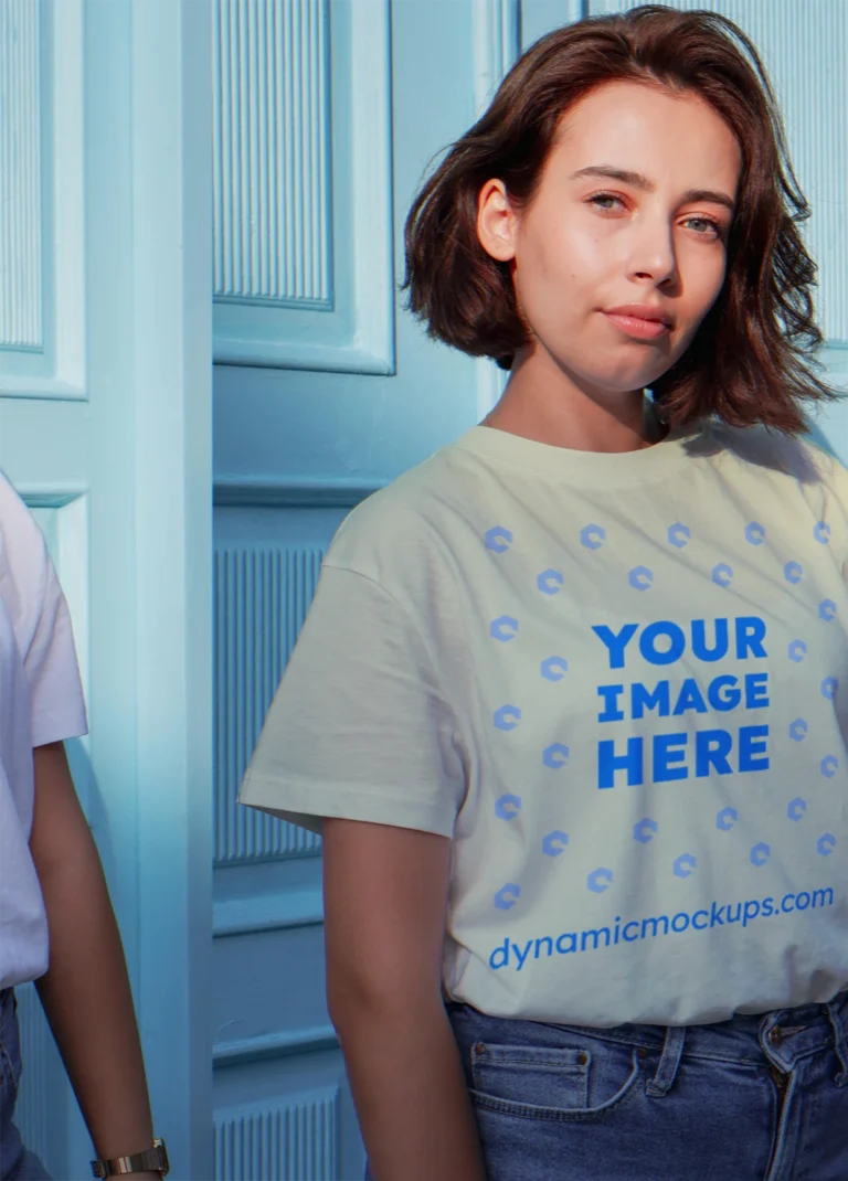 Woman Wearing Cream T-shirt Mockup Front View Template
