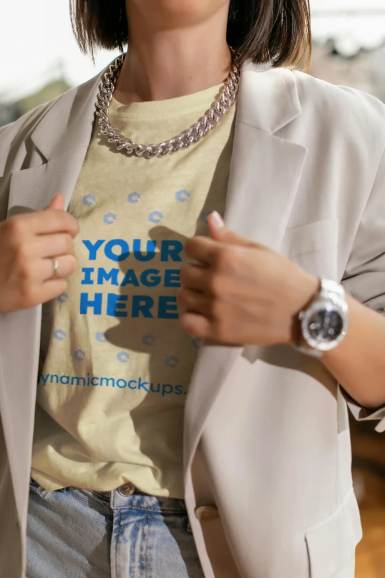 Woman Wearing Cream T-shirt Mockup Front View Template