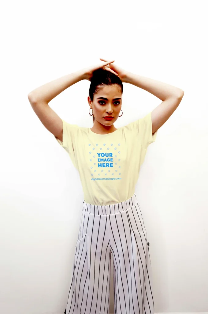 Woman Wearing Cream T-shirt Mockup Front View Template