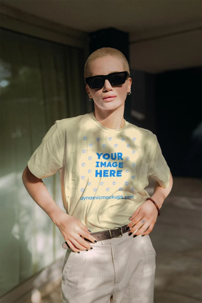 Woman Wearing Cream T-shirt Mockup Front View Template