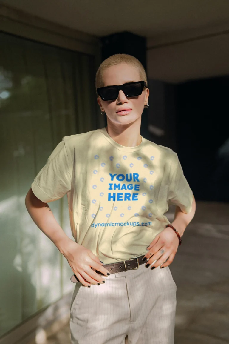 Woman Wearing Cream T-shirt Mockup Front View Template
