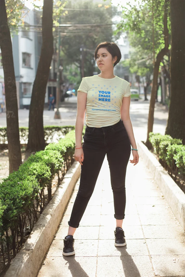 Woman Wearing Cream T-shirt Mockup Front View Template